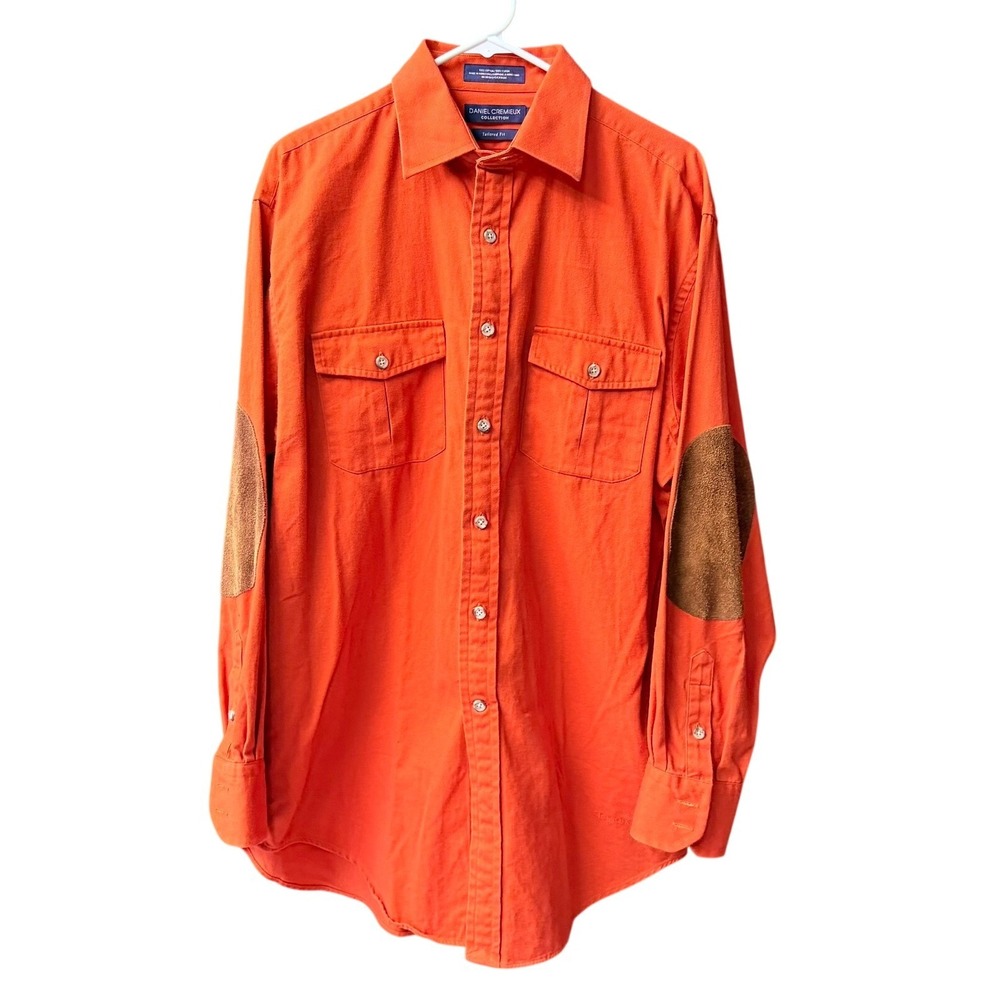 Daniel Cremieux Button Down Shirt Mens Medium Orange Elbow Patches Tailored Fit
